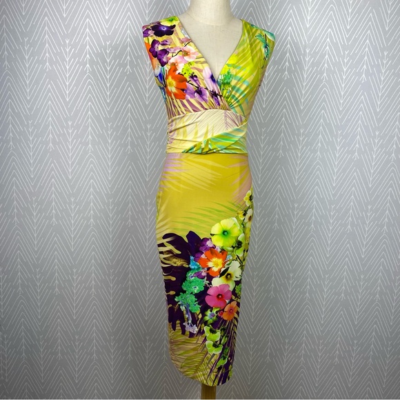FUZZI Yellow Floral Graphic V Neck Sleeveless Sheath Knee Midi Dress - Picture 2 of 11
